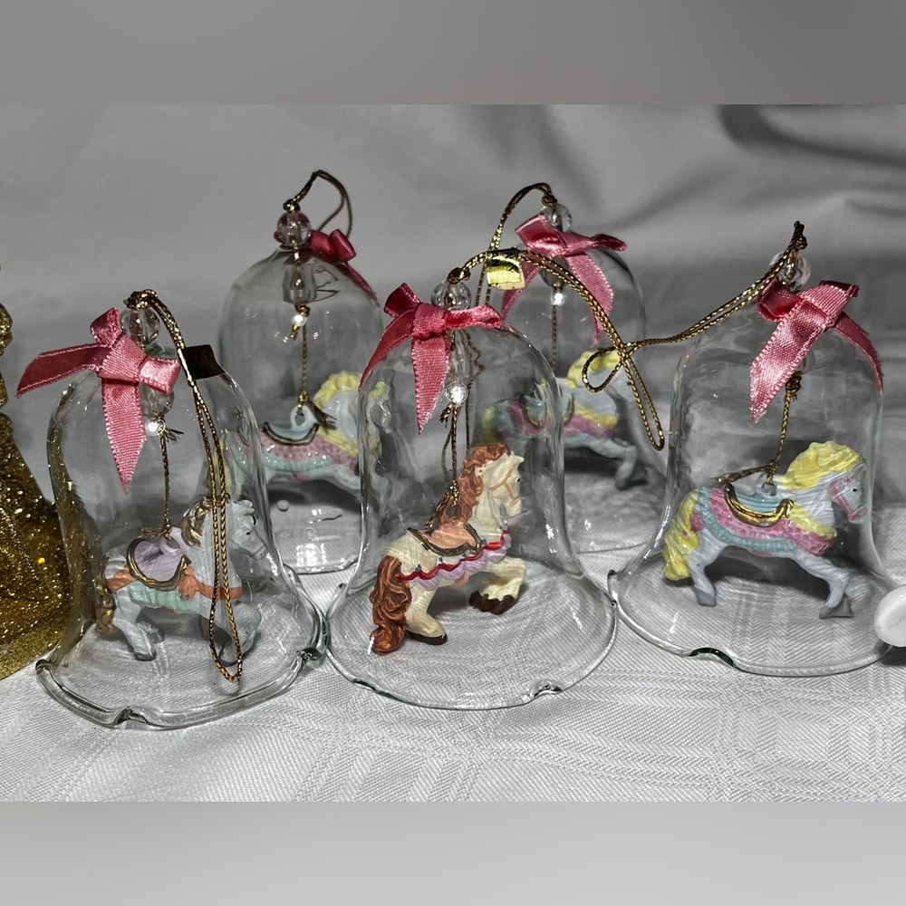 Set of 7 Collectible  Ornaments Carousel & Horses, Gold Glitter, Crystal bells
